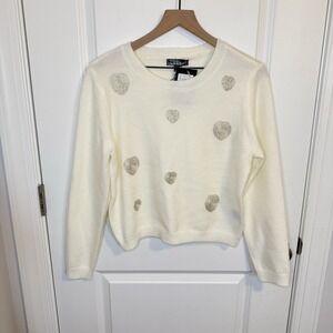 Nicole Miller‎ Long Sleeve Cropped Sweater Beaded Silver Hearts Women's Size M